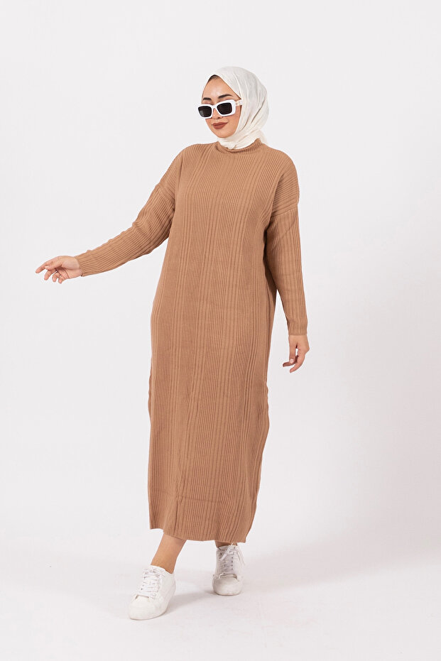 Meva Fitilli Triko Elbise Camel - 1