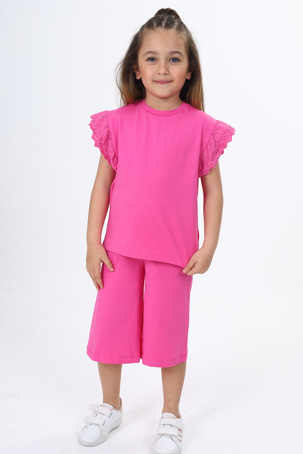 Girl's Sleeve Guipure Detailed Capri Set
