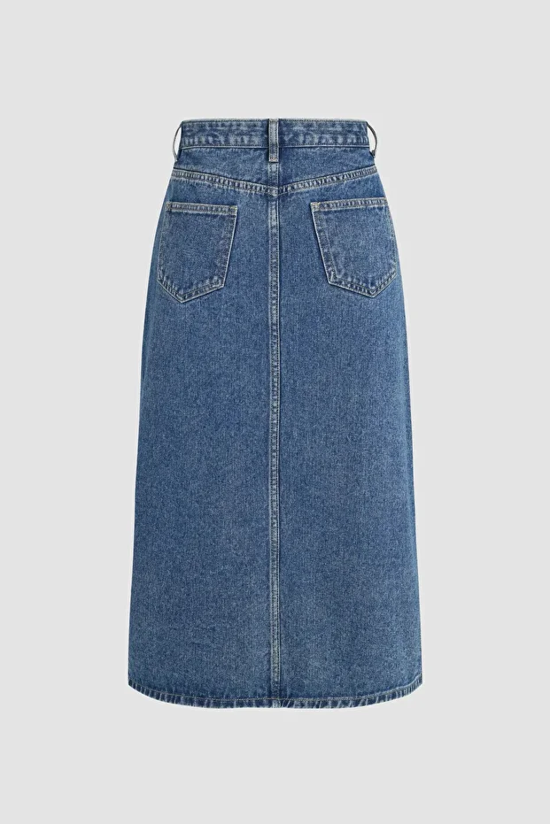 Yırtmaçlı Denim Midi Etek - 3