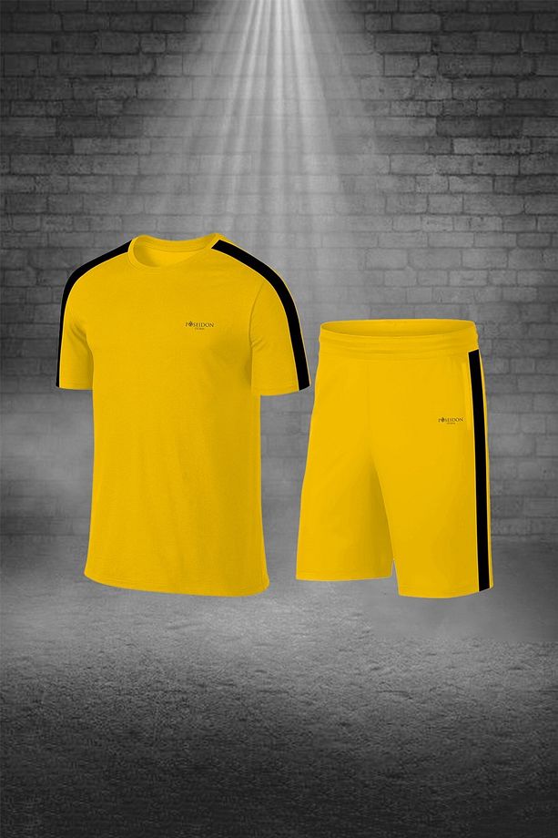 Erkek Sarı Dri-fit Kumaş Baskısız Konforlu Tişört Şort Alt Üst Ikili Set Seti (S -3XL) - 1