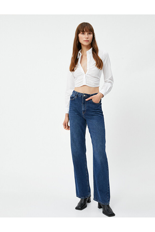 Crop Shirt Draped Classic Lapel Button Down Long Sleeve