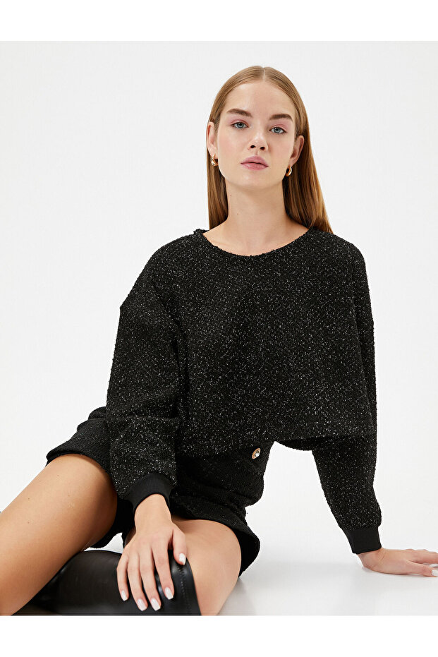 Crop Oversize Tweed Sweatshirt Long Sleeve Crew Neck