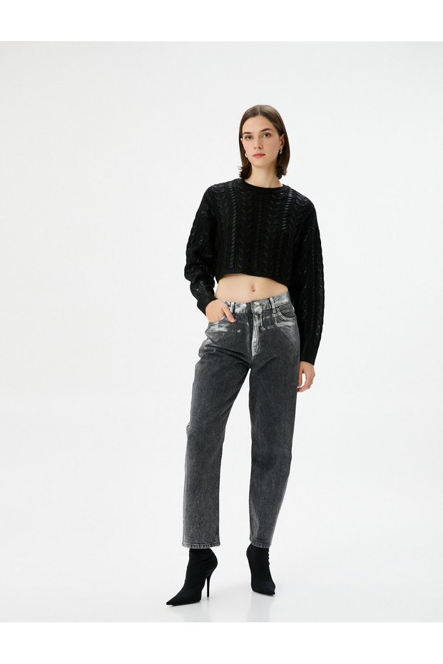 Crop Sweater Knitted Crew Neck Braid Textured