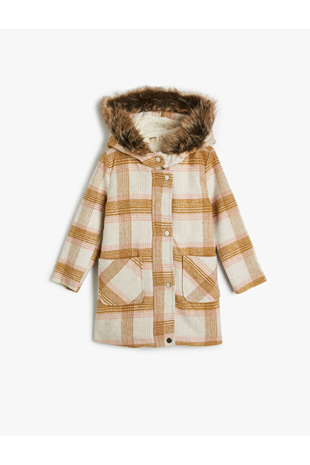 Oversize Coat Hooded Faux Fur Detail With Snap Flap Pockets