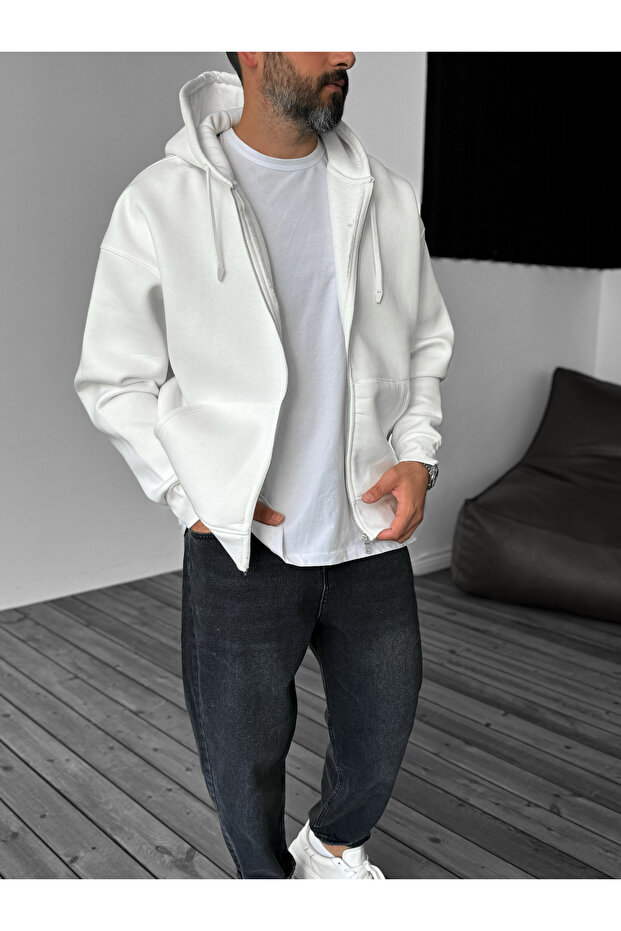 Beyaz Basic Fermuarlı Kapüşonlu Sweatshirt JJ-82 - 4