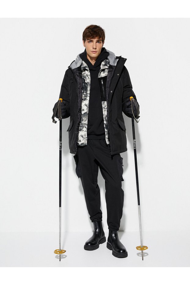 Snow Coat Hooded Label Detailed Zippered Double Pocket