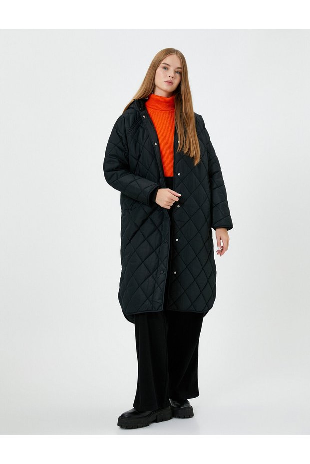 Quilted Long Coat Hooded with Pockets