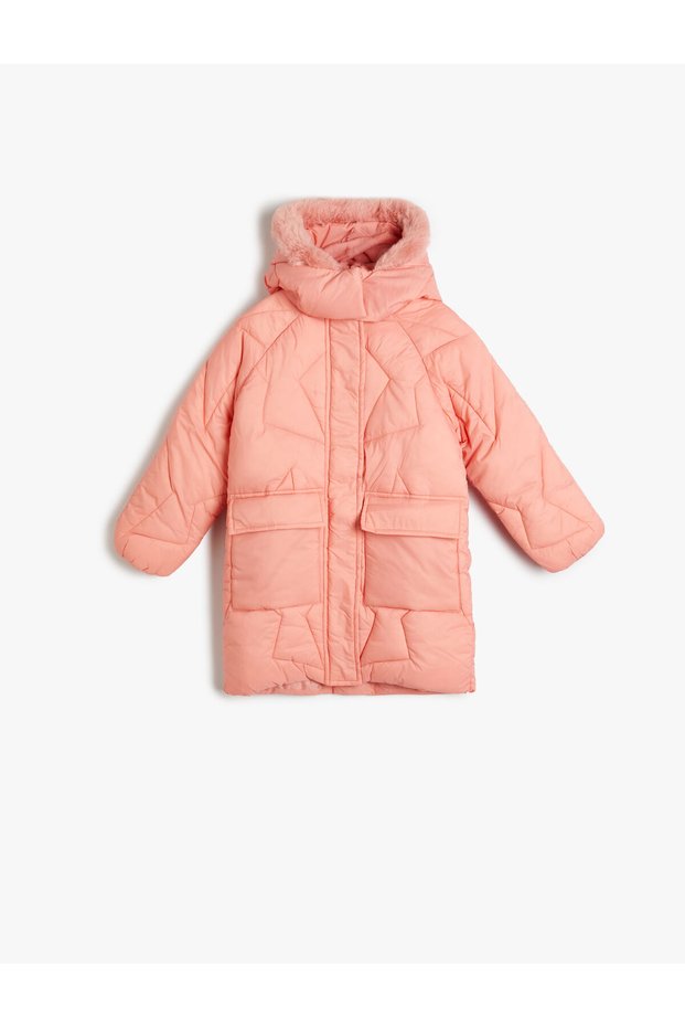 Oversize Puffer Jacket with Faux Fur Detail, Hooded and Pocketed with Flap