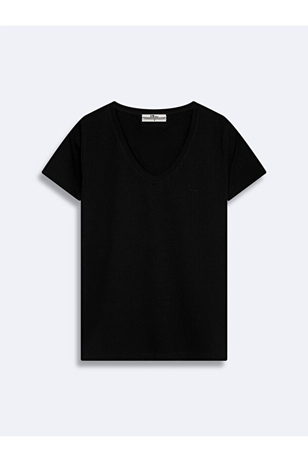 Kısa Kollu Basıc V Yaka Slım Siyah T-shırt - 1