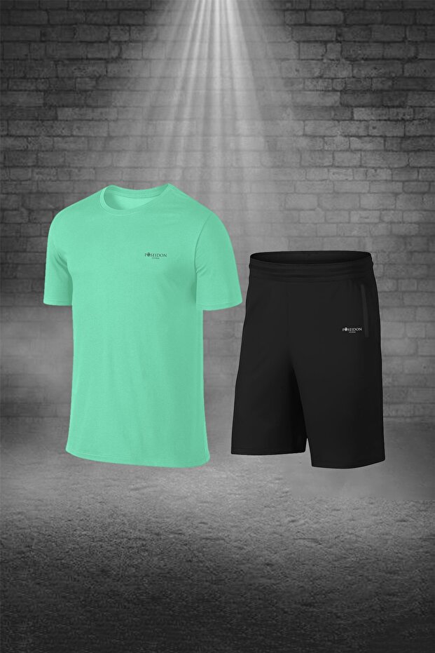 Plus Size Men's Aqua Green Dri-Fit Pocket Plain Short Sleeve T-Shirt Shorts Bottom Top Two Piece Set (4XL-10