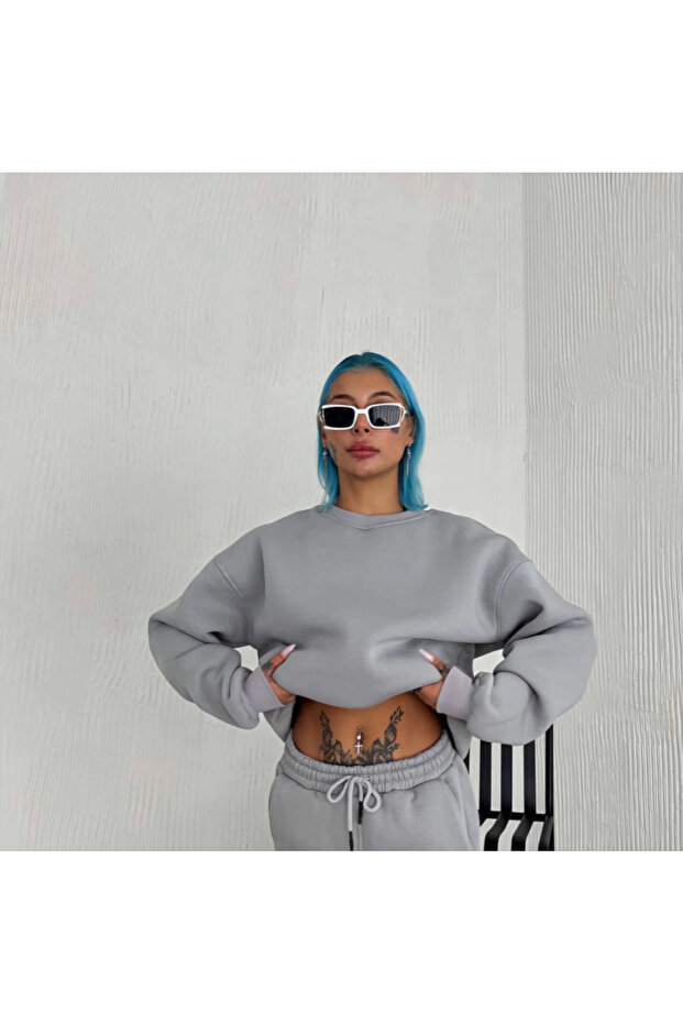 Winter Crew Neck Three Thread Basic Sweatshirt - Gray - 3