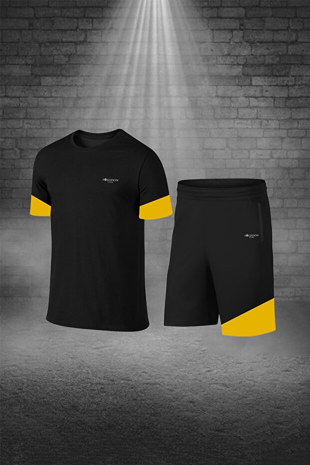 Men's Black Fit Unprinted Round Neck Short Sleeve Regular T-Shirt Shorts Bottom Top Two-Piece Set (S-3Xl)