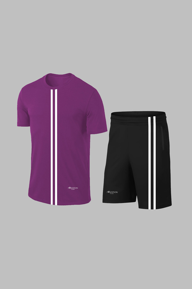Plus Size Men's Purple Dri-Fit Comfortable Pocket Plain T-Shirt Shorts Set for Training (4Xl-10Xl)