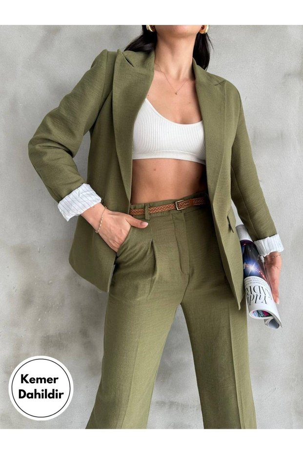 Khaki Linen Women's Summer Pants and Belt Set