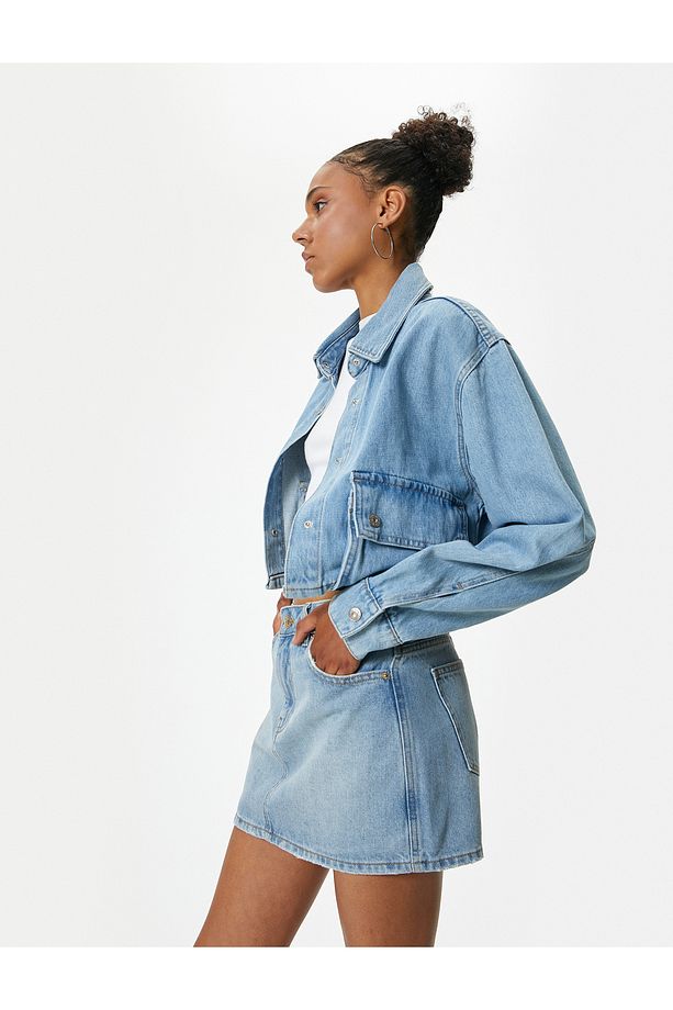 Mini Kot Şort Etek Slim Fit Düğmeli Cep Detaylı - 1