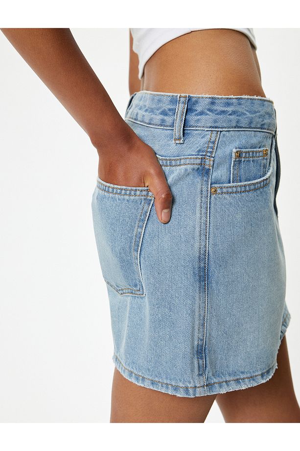 Mini Kot Şort Etek Slim Fit Düğmeli Cep Detaylı - 5