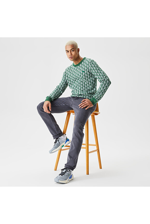 Men's Crew Neck Monogram Green Sweater