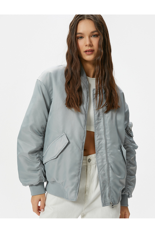 Bomber Jacket with Flap Pockets, Double Pockets, College Collar, Zipper Closure