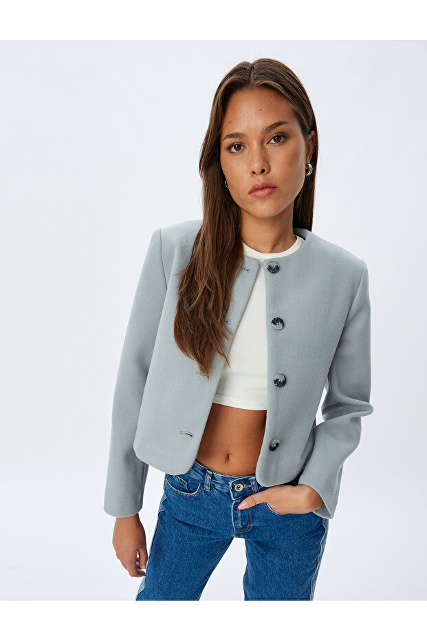 Buttoned Slim Fit Long Sleeve Collarless Crop Jacket