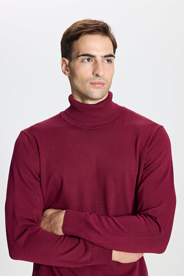 Erkek Bordo Standart Fit Normal Kesim Tam Balıkçı Yaka Triko Kazak - 4