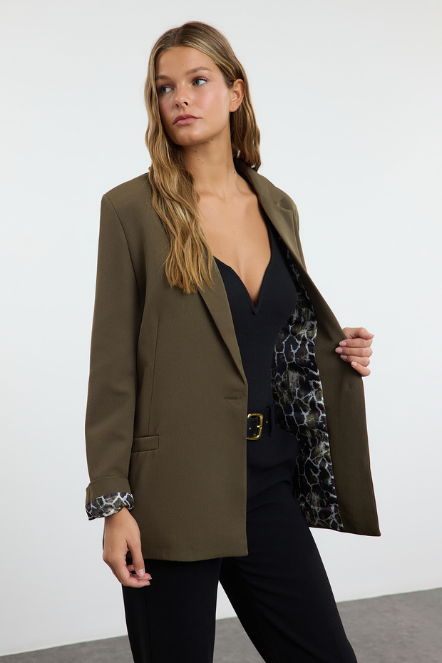 Koyu Haki Regular Astar Detaylı Dokuma Blazer Ceket TWOAW20CE0316 - 2