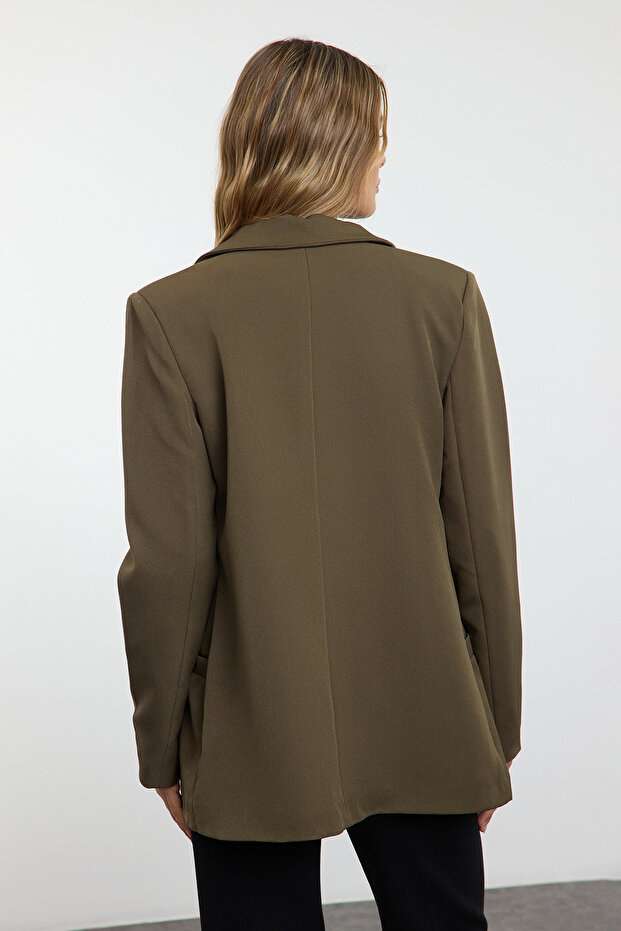 Koyu Haki Regular Astar Detaylı Dokuma Blazer Ceket TWOAW20CE0316 - 5