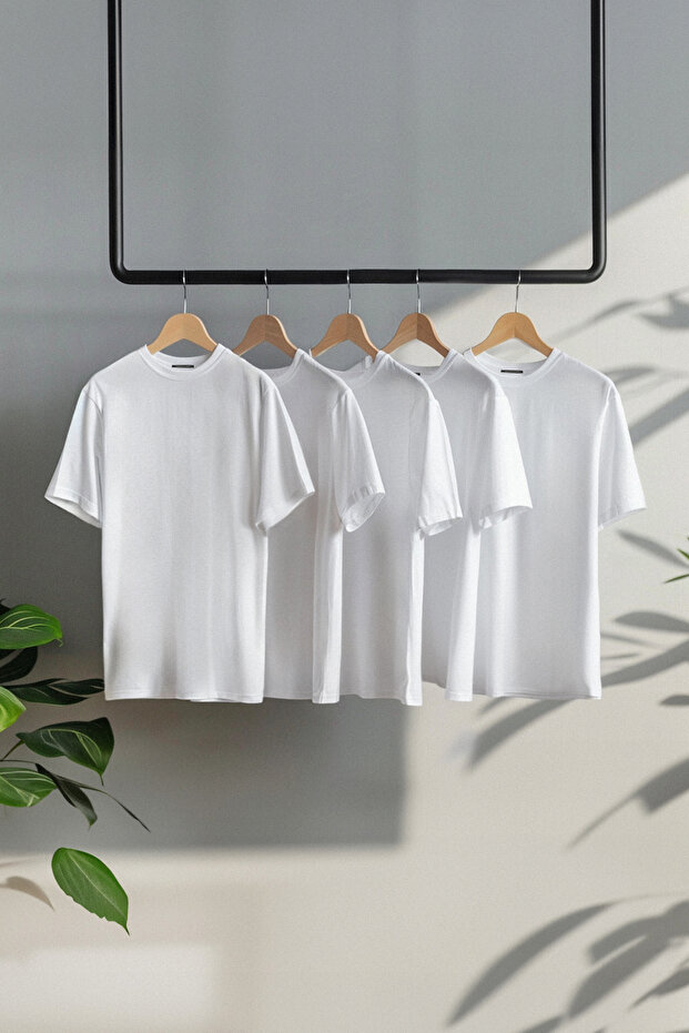 5'li Beyaz Slim/Dar Kesim 5'li Paket %100 Pamuk Tok Kumaş T-shirt TMNAW20TS0243 - 1