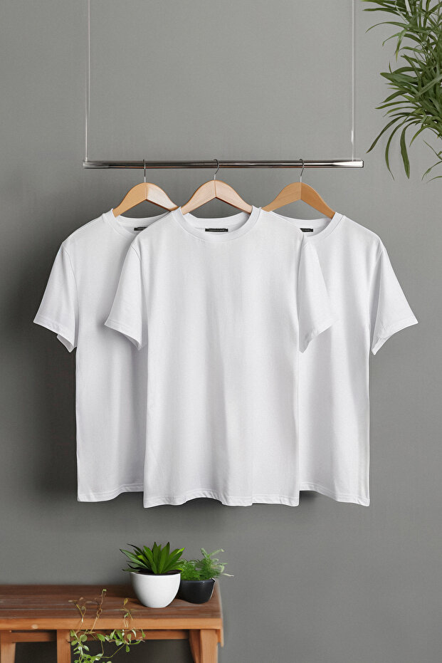 Unisex Beyaz 3'lü Paket Slim/Dar Kesim Bisiklet Yaka Basic %100 Pamuklu T-Shirt TMNSS19BO0007 - 1