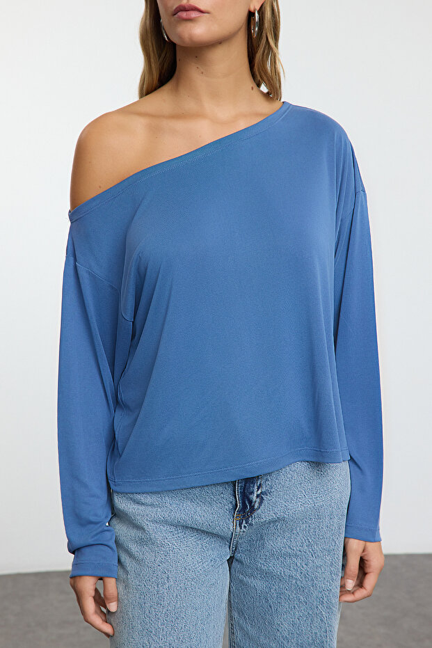More Sustainable Indigo Modal Kayık Yaka Relaxed/Rahat Kesim Örme Bluz TWOAW25BZ00282 - 3