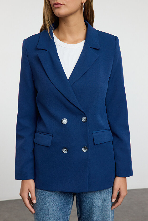Indigo Regular Astarlı Kruvaze Kapama Dokuma Blazer Ceket TWOAW21CE0264 - 4