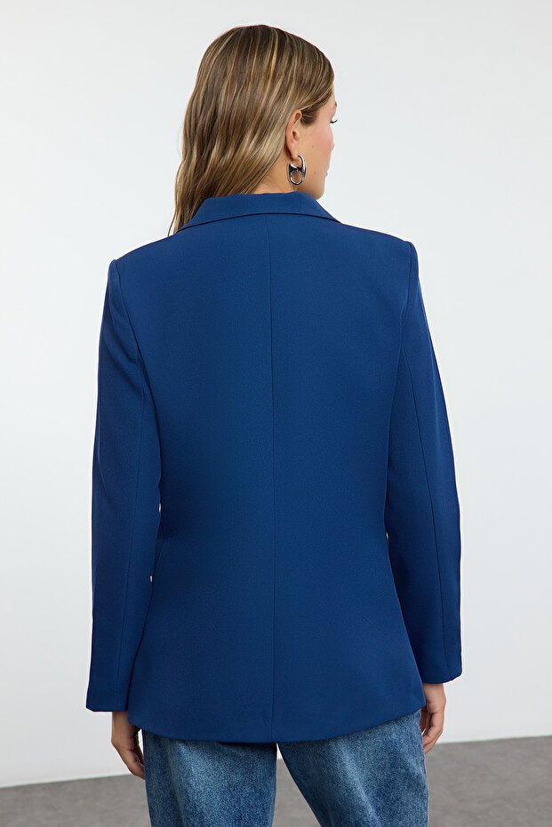 Indigo Regular Astarlı Kruvaze Kapama Dokuma Blazer Ceket TWOAW21CE0264 - 6