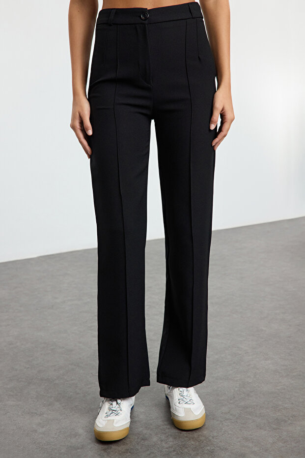 Siyah Straight/Düz Kesim Yüksek Bel Nervür Dikişli Dokuma Pantolon TWOSS21PL0093 - 6