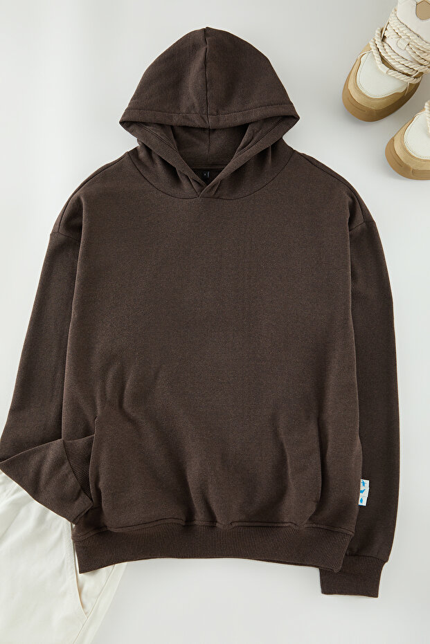Koyu Kahverengi Oversize/Geniş Kesim İçi Polarlı Kapüşonlu Sweatshirt TMNAW25SW00115 - 2