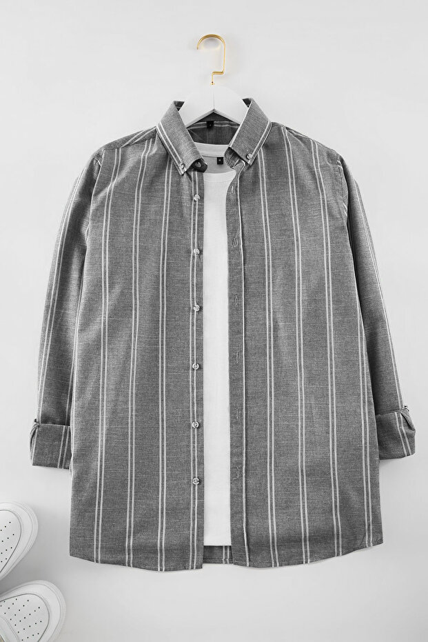 Siyah Slim Fit Düğmeli Yaka İnce Çizgili Gömlek TMNSS20GO0092 - 2