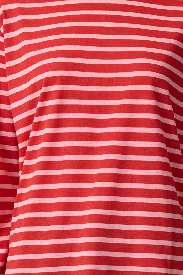 Kırmızı-Pembe Çizgili Regular/Normal Kalıp Basic Bisiklet Yaka Örme T-Shirt TWOAW23TS00002 - 3