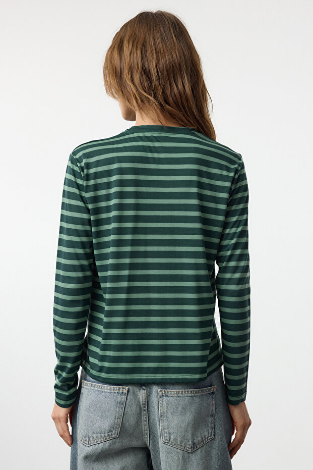 Petrol-Mint Çizgili Regular/Normal Kalıp Basic Bisiklet Yaka Örme T-Shirt TWOAW23TS00002 - 5
