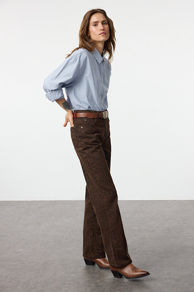 Çok Renkli Leopar Desenli Kahverengi Yüksek Bel Wide Leg Geniş Paça %100 Pamuk Jeans TWOAW25JE00260 - 2