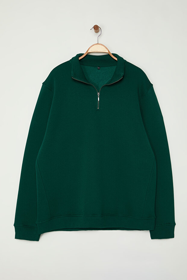 Yeşil Büyük Beden Oversize/Normal Kesim Dik Yaka Fermuarlı İçi Polarlı Sweatshirt TMNAW24AO00024 - 8