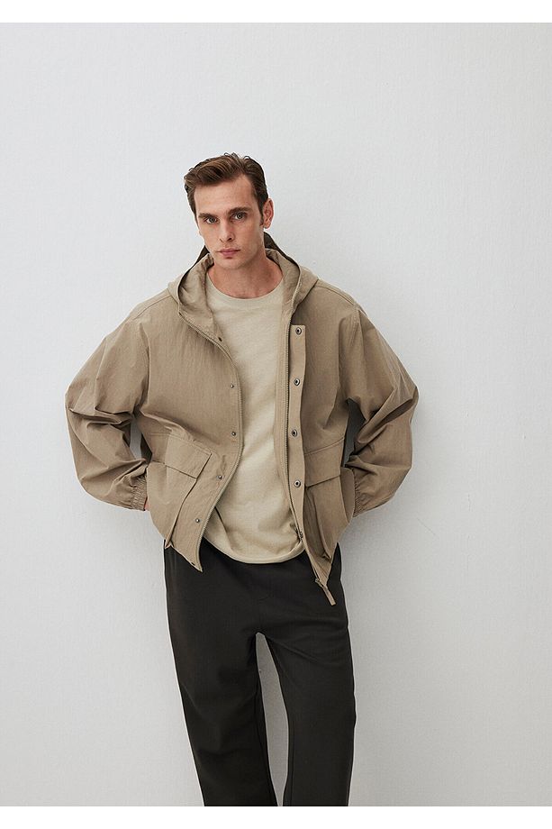 Kapüşonlu Bej Ceket Oversize / Geniş Kesim 0110367-86749 - 1