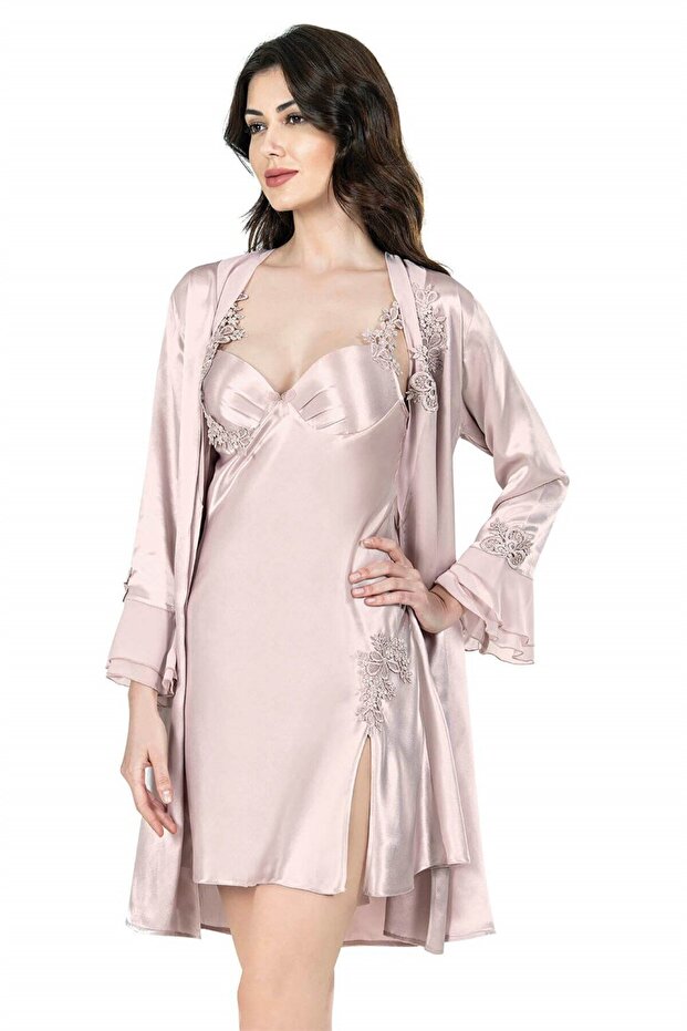 Powder Pink Short Two-Piece Satin Robe Nightgown Set 7623