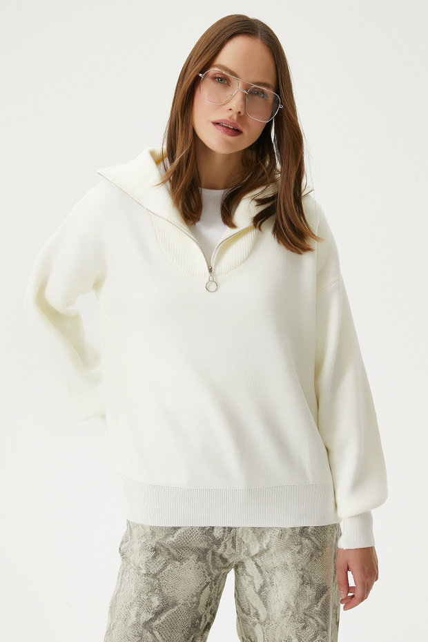 Kadın Bruno Basic Fermuarlı Krem Kazak - 1