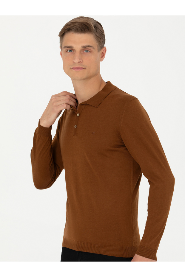 Brown Slim Fit Polo Neck Basic Knitwear Sweater 50270169-Vr029