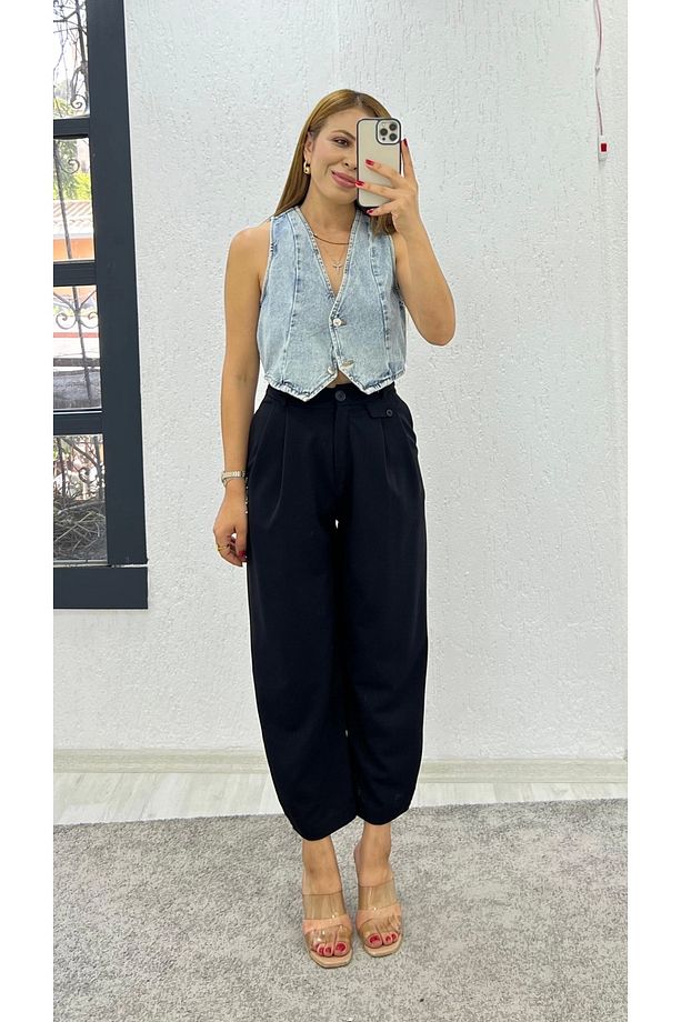 Paça Düğme Detaylı Krep Kumaş Pantolon - 3