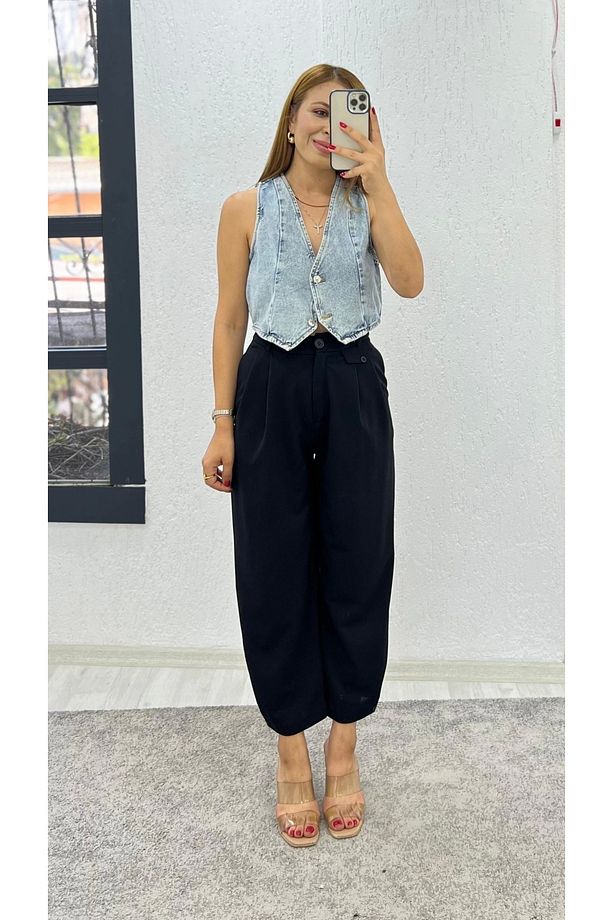 Paça Düğme Detaylı Krep Kumaş Pantolon - 1