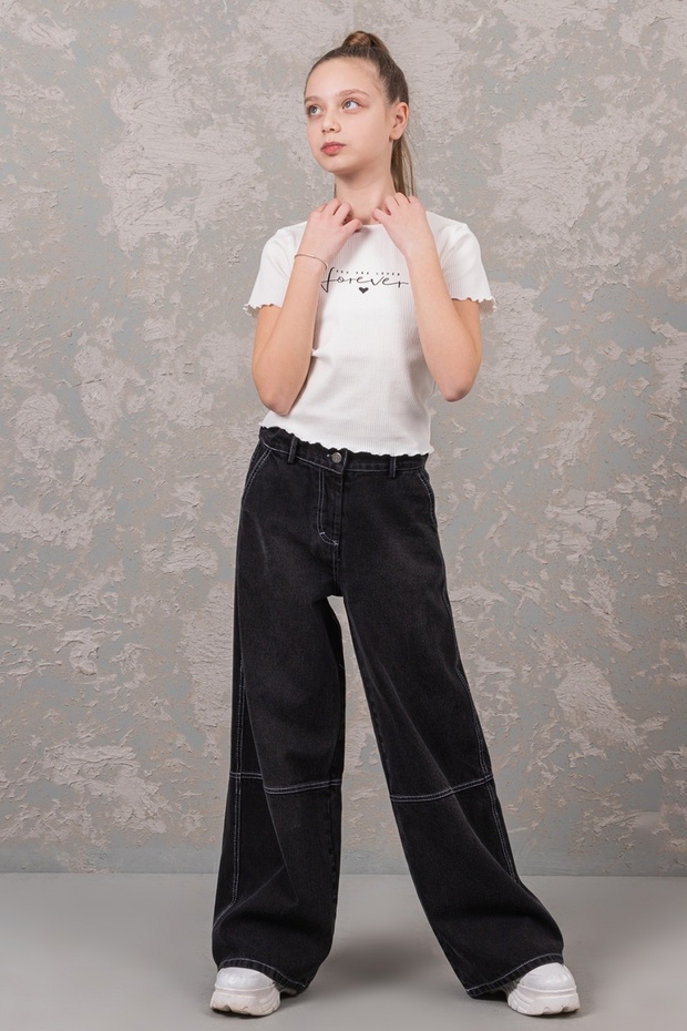 Girls' Wide-Leg Cotton Jeans with Adjustable Waist