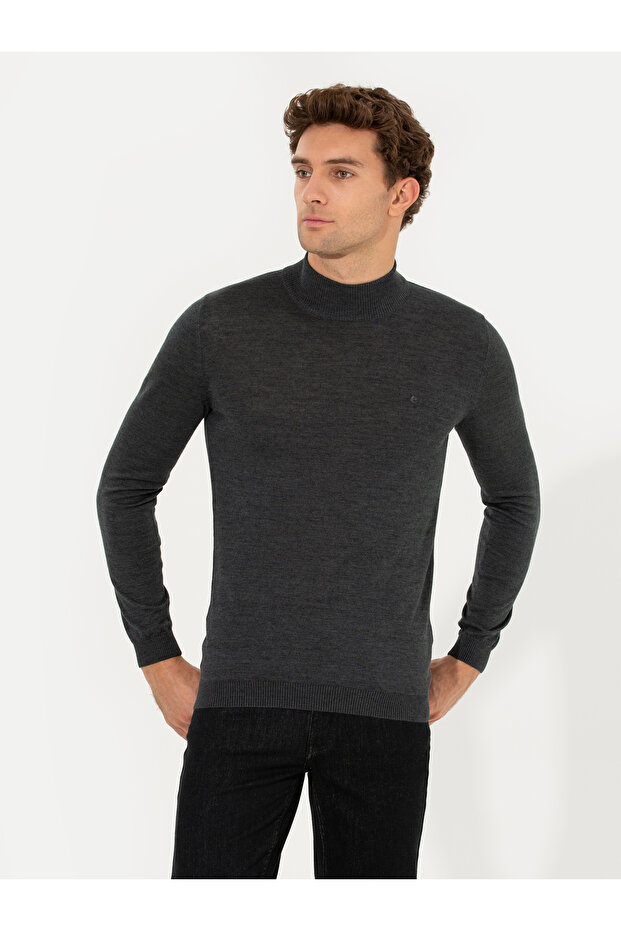 Anthracite Melange Slim Fit Half Fisherman Basic Knitwear Sweater 50211256-Vr081