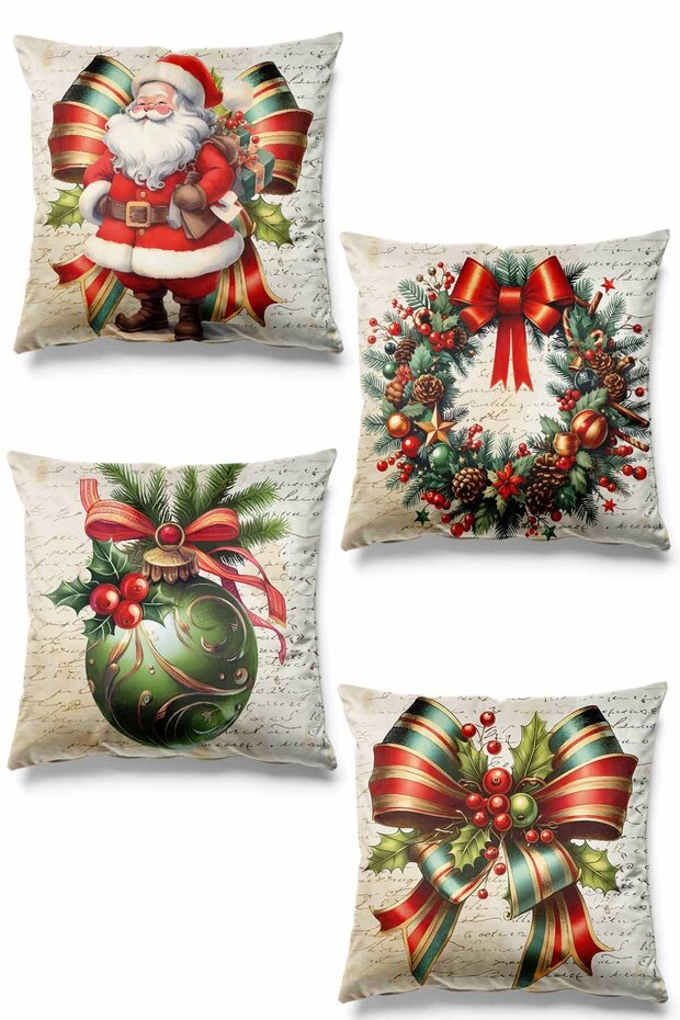 Double-Sided Printed Retro Christmas Patterned Set of 4 Suede Throw Pillow Covers - New Year - Christmas