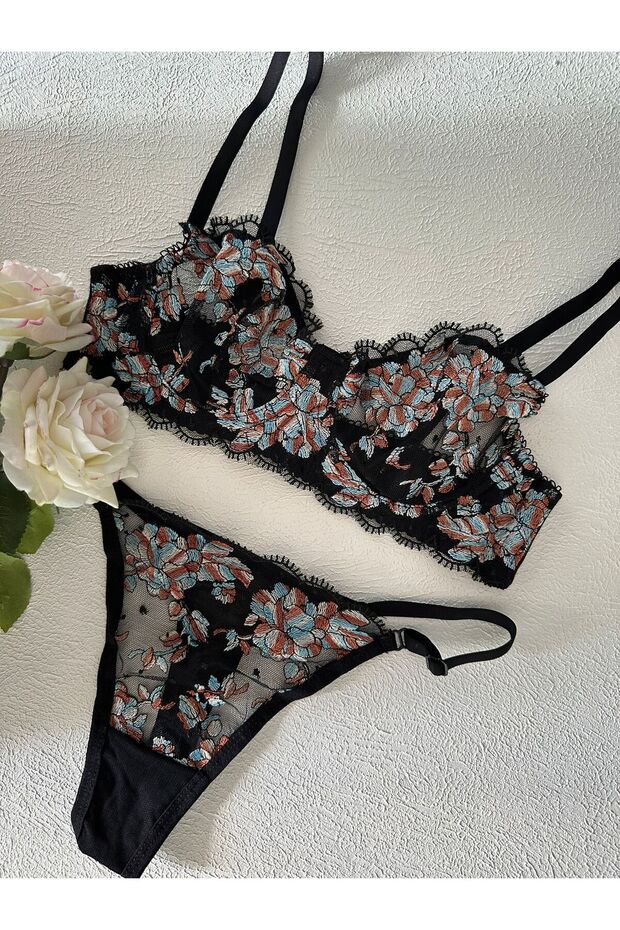 Patterned Embroidery Bra Set - 1