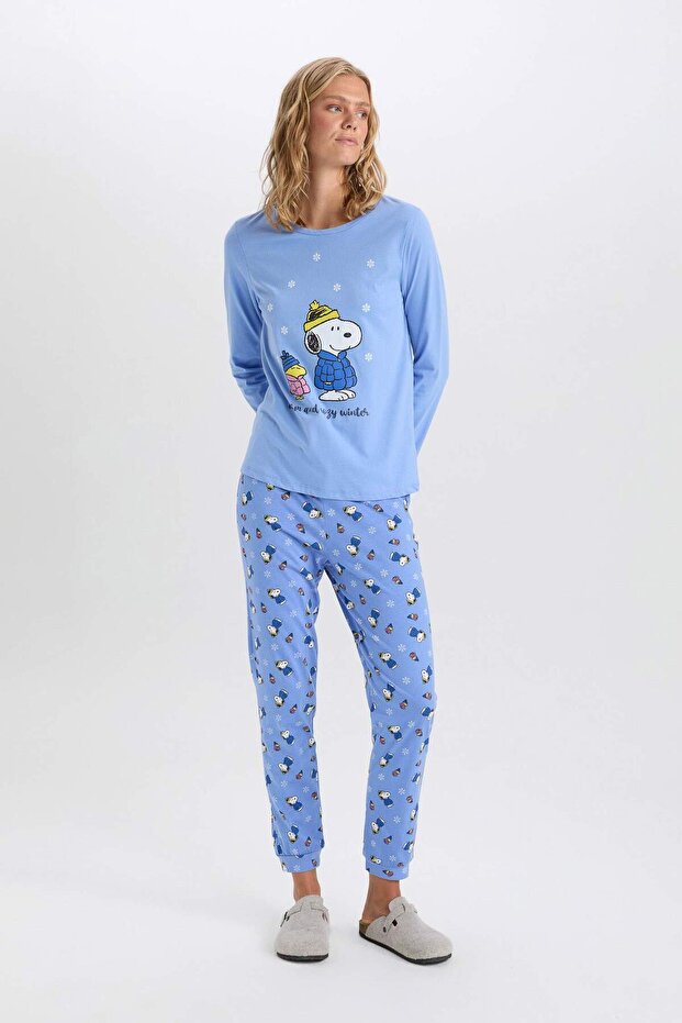 DFC - Kadın Fall in Love Snoopy Regular Fit Bisiklet Yaka Uzun Kollu Üst Alt Pijama Takımı - 3