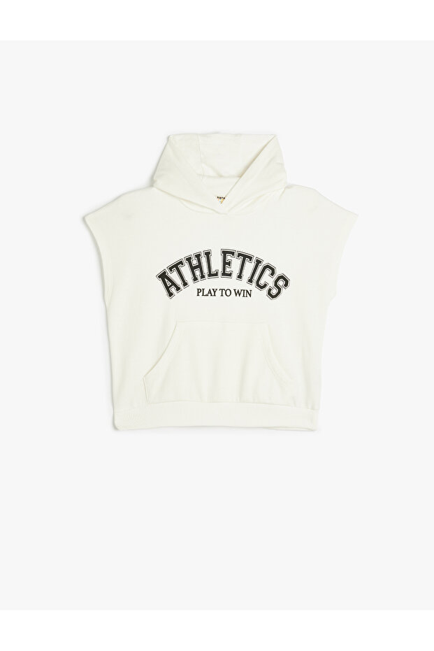 Hooded Sweatshirt Sleeveless Slogan Printed Kangaroo Pocket Cotton Embroidered